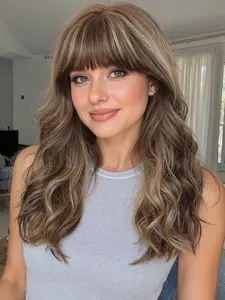 20inch Highlights Curly Wig, Daily Elegant Bangs Synthetic Hair, Comfortable Natural Look, Suitable for All Ages, Long Wigs for Women
