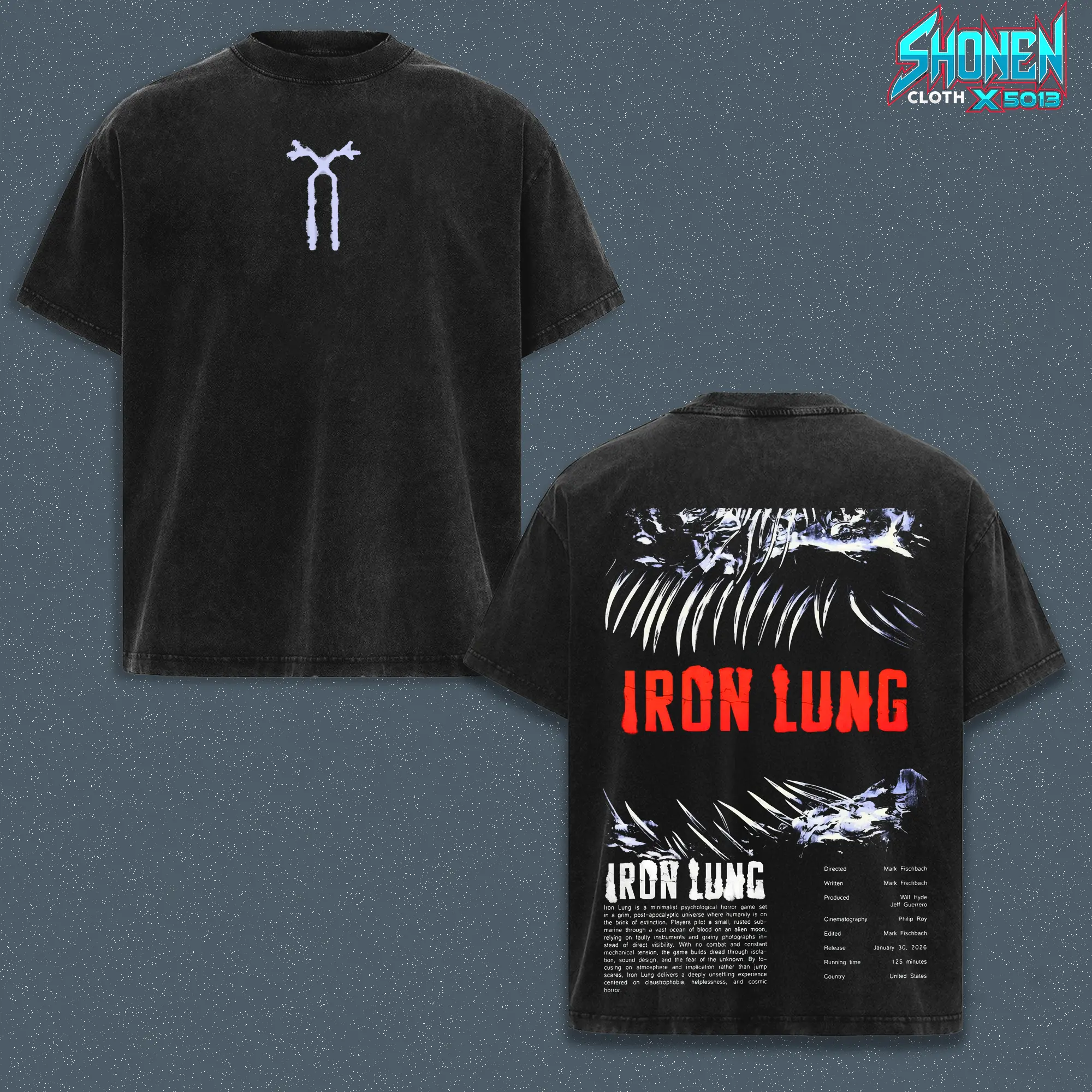 Iron Lung Movie Vintage Wash Top, Markiplier David Szymanski Horror Game Graphic Boxy Fit Heavyweight Cotton Garment, Sun Faded Charcoal Streetwear Clothing