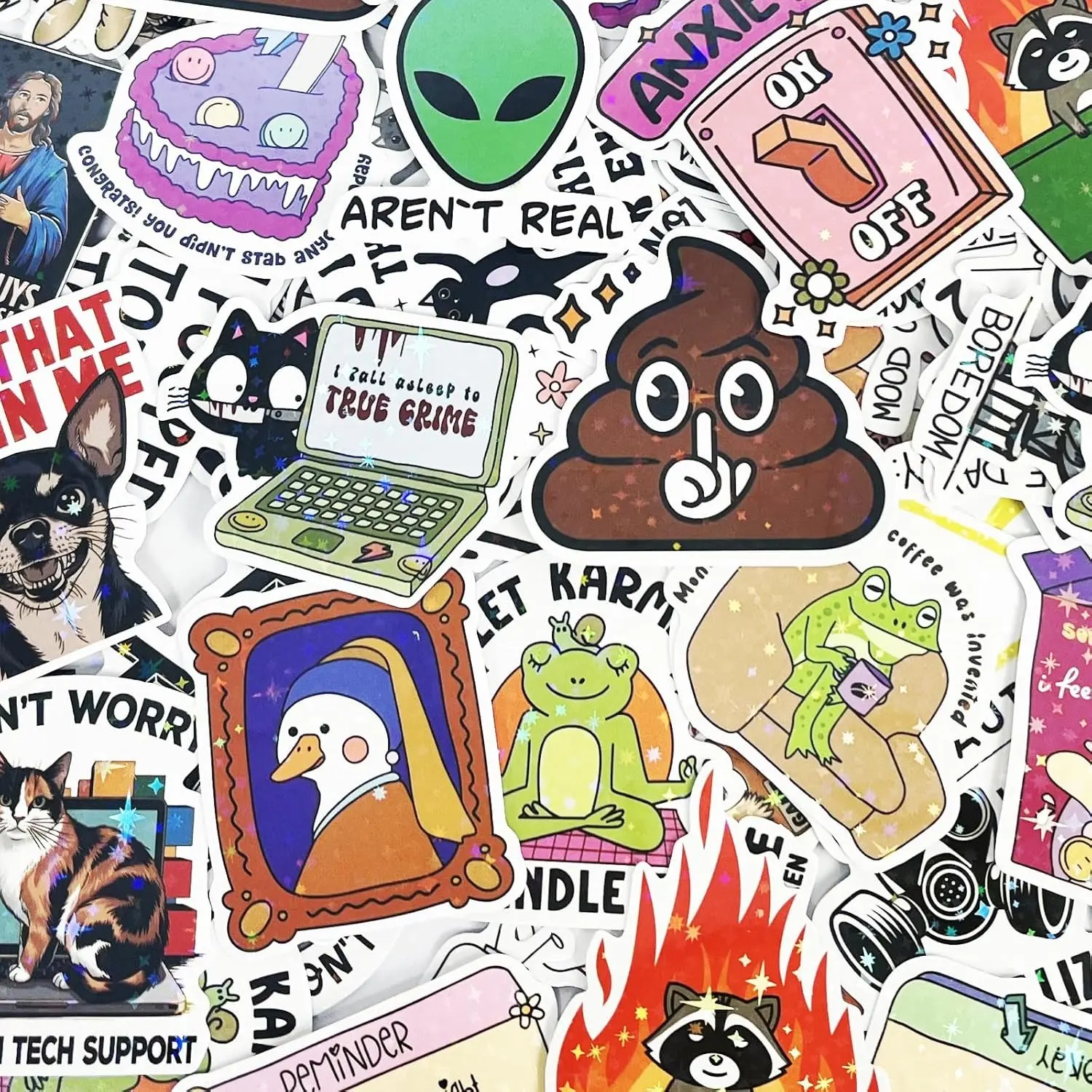 200 Pcs Holographic Funny Meme Stickers Pack - Waterproof Vinyl for Splashy Days Adhesive Long-Lasting Vinyl Decals for Adults, Great for Water Bottles, Laptops, Scrapbooks, Gag Gifts, Colorful Decorative Scrapbooking Stickers, A3 Art Sheets, Colorful Scr