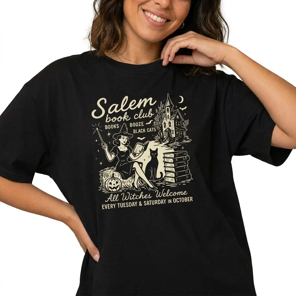 Women's Fitted Short-Sleeve Salem Book Club Graphic Tee - Vintage Halloween Spooky Witchy Top, Everyday Prints, Breathable Fabric