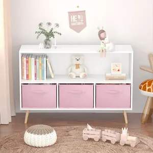 Kids Bookcase and Bookshelf, Multi Shelf Cubby with 3 Collapsible Fabric Drawers, Children's Book and Toy Display Rack, Toy Storage Organizer for Bedroom, Playroom, Hallway, White + Pink