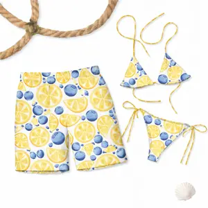 Lemon & Blueberry Print Bikini & Men's Swim Shorts Set, Tropical Summer Beachwear, Vacation Ready Swimwear for Women & Men