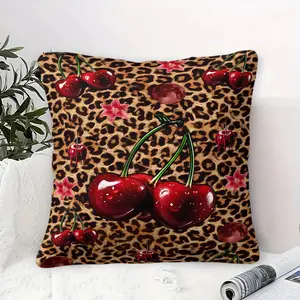 Digitally Printed Leopard and Cherry Print Throw Pillow Features a Sweet Cherry and Retro Leopard Print. 45cm Square Cushion Includes a Pillow Insert and Is Soft and Comfortable, an Ideal Addition to Sofas and Bedrooms to Create a Retro Atmosphere!