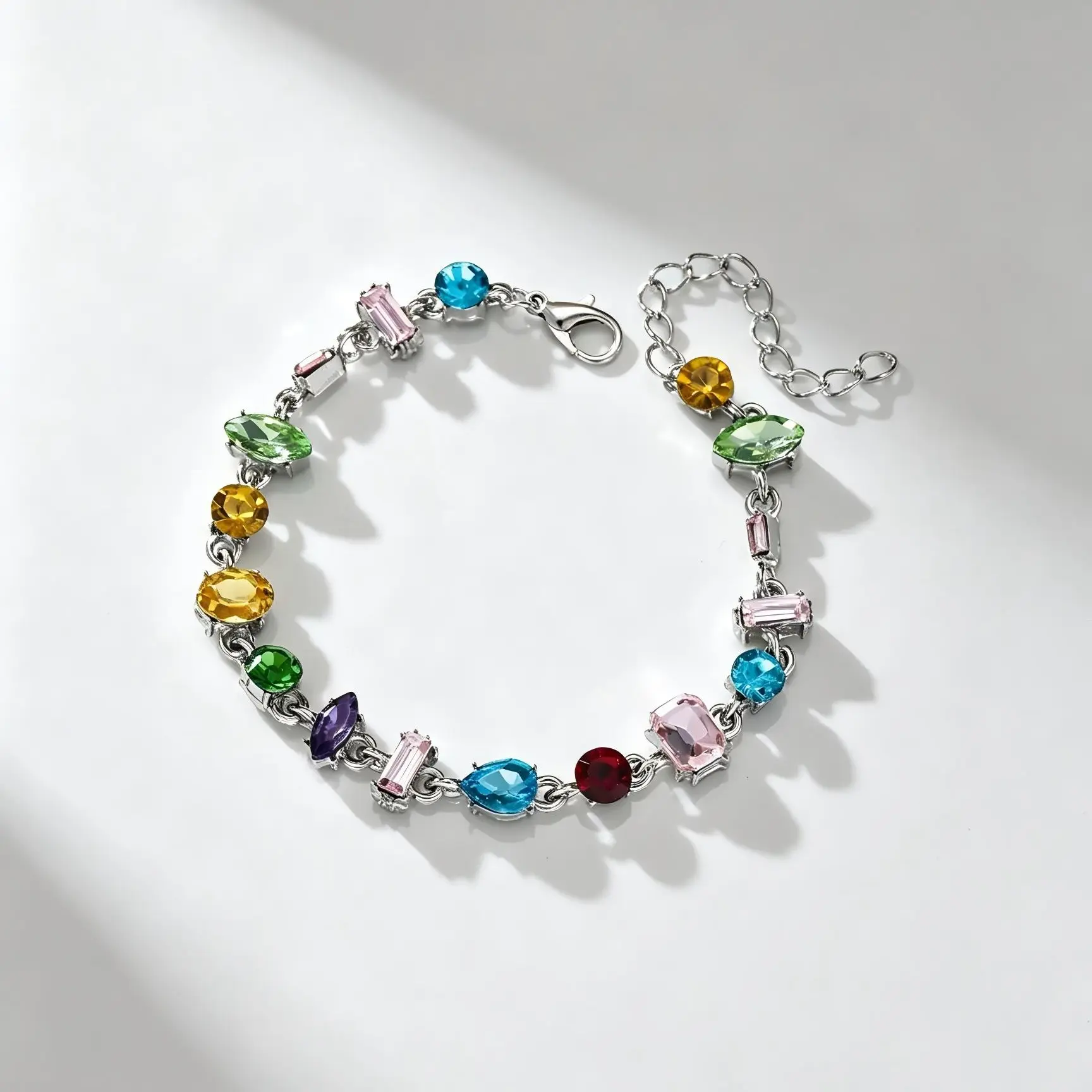 Cubic Zirconia Bracelet with a Rainbow Mix of Irregular Shiny Stones, Single Layer Boho Alloy Chain for Women, Party Jewelry for Birthdays, Parties, Irregular Cut