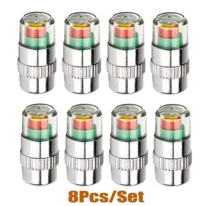 8Pcs 2.5Bar 32-to-35 PSI Tire Pressure Monitor Valve Caps, 8-Pack, 3-Color Eye Alert Sensor Indicator, Car Accessories, Silver