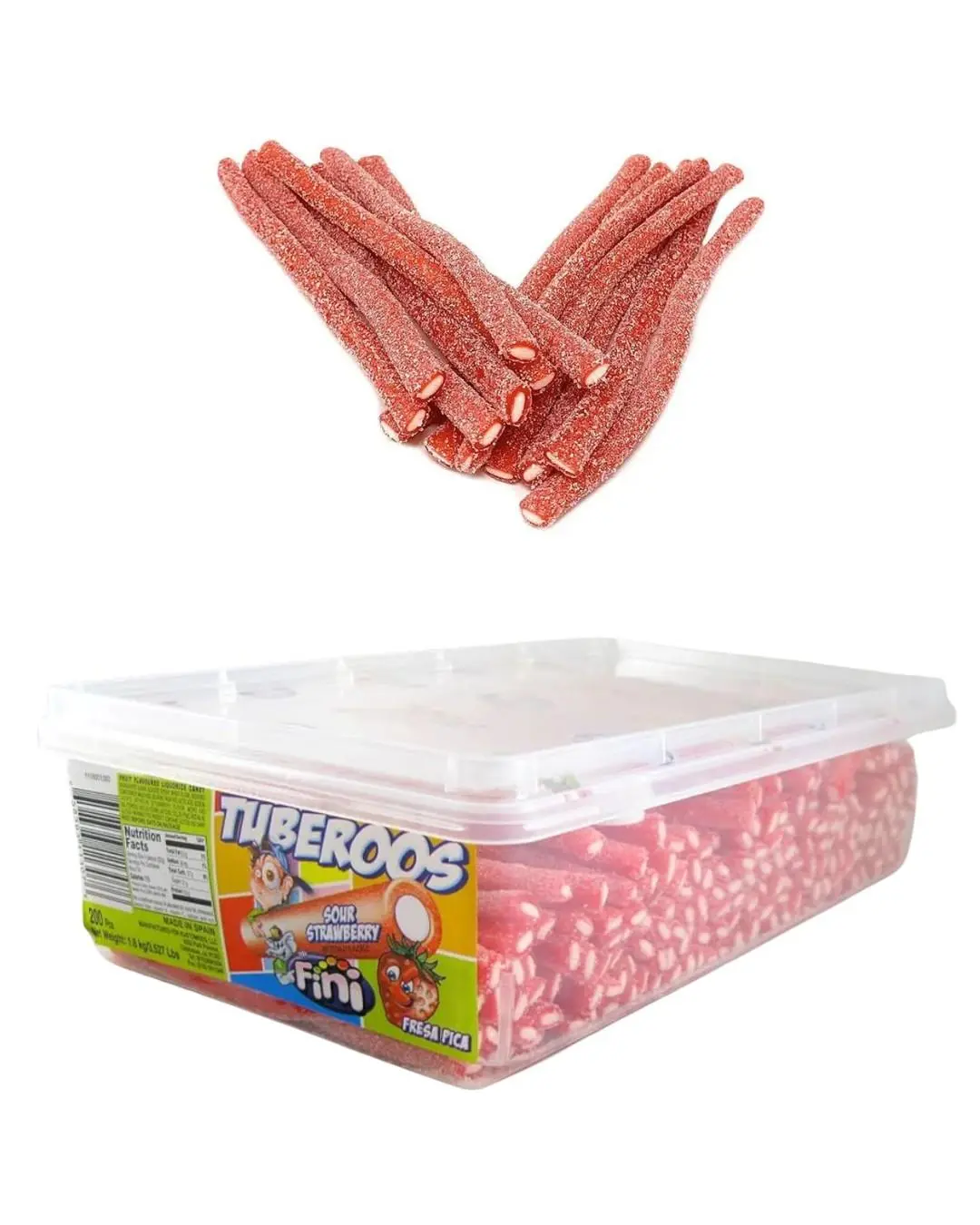 Fini Spain Tuberoos Sour Strawberry Tubes 3.52 lb 200ct Tub