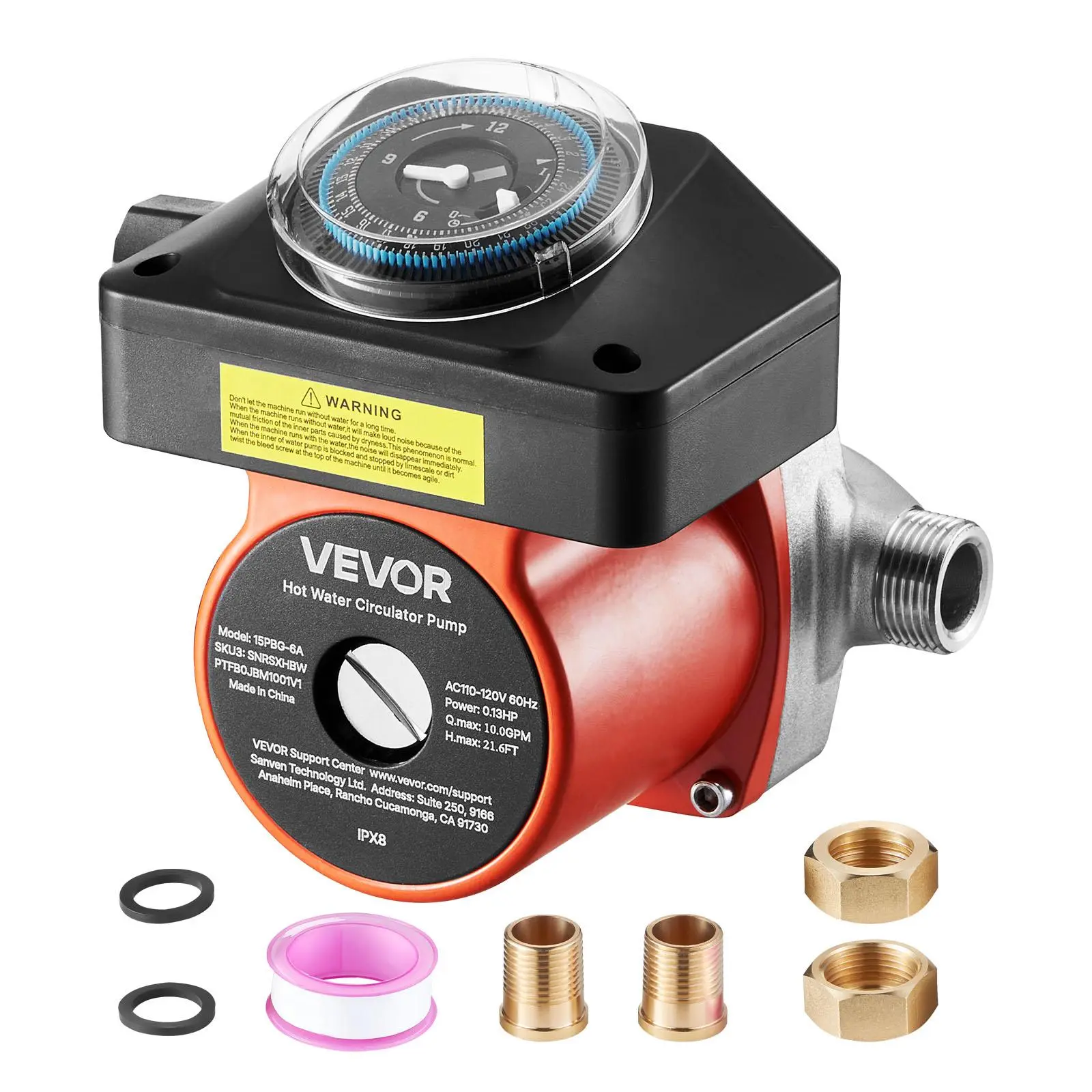【DealsForYouDays】VEVOR Hot Water Recirculating Pump Kit with Timer Dial, 0.13 HP AC 110-120V, 10 GPM Flow, 3/4 in to 1/2 in NPT Threads Connector, for Solar Water Heater