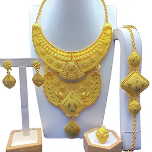 4-Piece 24K Gold Plated Ethiopian Tribal Statement Jewelry Set Large Bib Necklace Earrings Ring & Bracelet Luxury Bridal/Wedding Gold Jewelry For Women