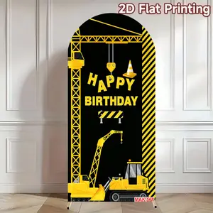 Black & Gold Construction Vehicle Happy Birthday Arch Backdrop Cover for Boys' Birthday Party Industrial Style Decor Background Backdrop Stand Arch Decorative Banner