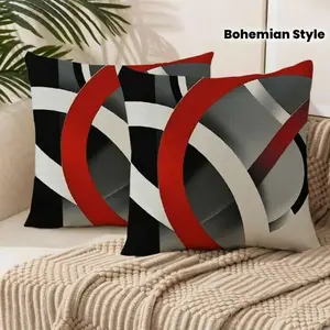 2pcs Modern Red White Black Gray Striped Cushions - Bohemian Style Bold Decor Appeal Zipper Closure Removable Washable Sofa Pillows With Black & White Stripes, Red Accent - 14x14, 16x16 Inch Square Backrests For Living Room, Bedroom