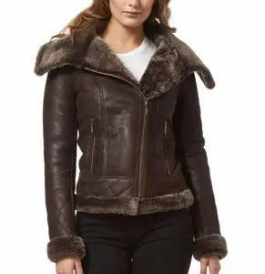 Women's Fur Shearling Stylish Brown Biker Jacket