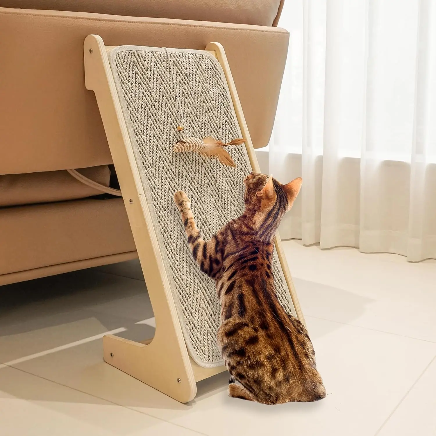 Sisal Herringbone Cat Scratching Ladder - L-Shaped 27in Wood Scratching Board with Mouse Toy for Indoor Furniture Protection