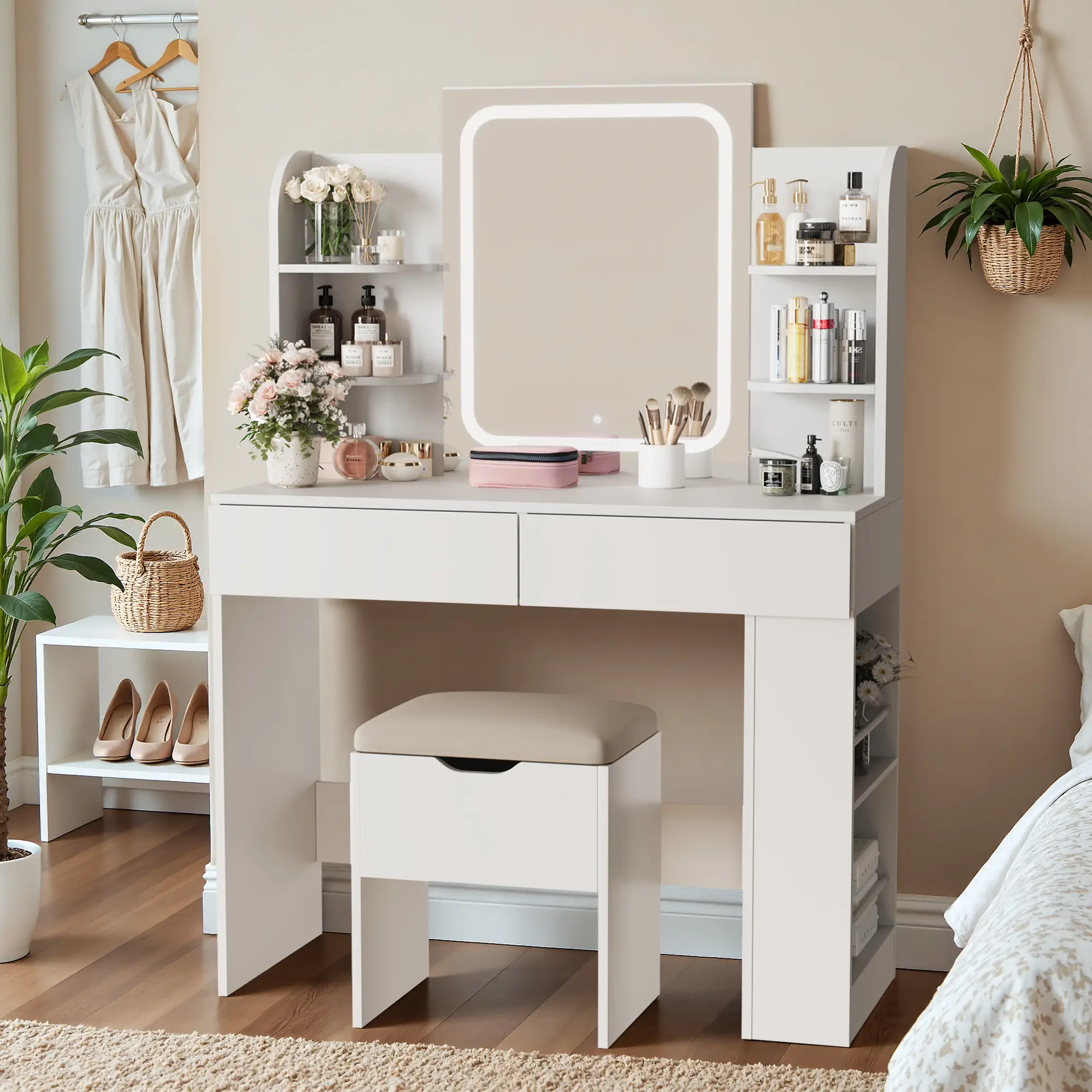 HOMALL Makeup Vanity Desk and Bench Set with LED Lighted Mirror Vanity Table with Drawers, Shelves & Side Storage for Bedroom