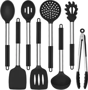 Kitchen Utensils Set of 8, Silicone Utensils Kitchen Tools Set with Stainless Steel Handle, for Frying Serving Flipping Draining, Non-toxic & Heatproof, Nonstick & Dishwasher Safe - Black