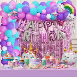 Unicorn Birthday Party Decorations 120Pcs, Rainbow Unicorn Balloon Arch Kit With Tassel Background, Happy Birthday Foil Balloon Unicorn Themed Party Supplies