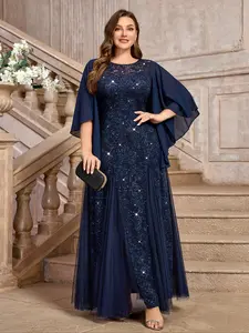 MISSMAY P84132A Plus Size Elegant Butterfly Sleeve Chiffon Tulle Floral Sequin Lace Contrast Mesh Mermaid Hem Evening Party Long Dress, Elegant Formal Prom Wedding Guest Gown, Winter Dress, New Year Dress, For Graduation, Dinner, Festivals