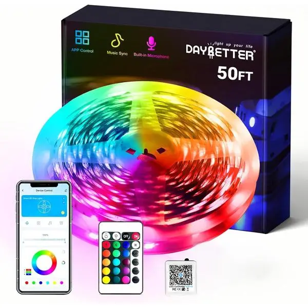 DAYBETTER Smart RGB Led Strip Lights, 50ft Led Lights for Bedroom with App Control, Multicolor Changing Led Light Strips Apply for Home Decor, Living Room, Kitchen, Home Party Decoration