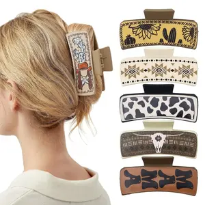 Western Leather Hair Claw Clips Sunflower Floral Square Claw Clips for Hairstyling Southwest Cow Print Cowhide Hair Accessories Large Aesthetic Western Cowgirl Stuff Gift for Women Girls