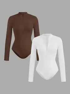 Women's 2-Piece Set, Ribbed Casual Sexy Half-Zip Long Sleeve Bodycon Top, Fitted Plain Design, All Seasons Fashion