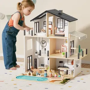 BIERUM Large Modern Wooden Dollhouse with 49Pcs Furniture, Dolls & Pets，DIY Puzzle Pool & Yard, Ideal Gift for Boys & Girls 3+