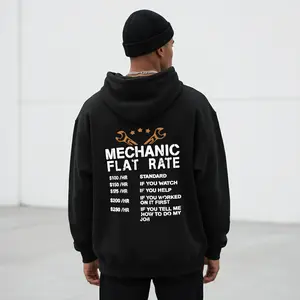 Men's mechanic-themed design with a playful flat rate pricing list Graphic - Cotton Blend Black Long Sleeve Pullover Regular Fit | Soft & Breathable Fabric, Durable Print, Everyday Comfort, Machine Washable, casual and humorous urban or garage setting,