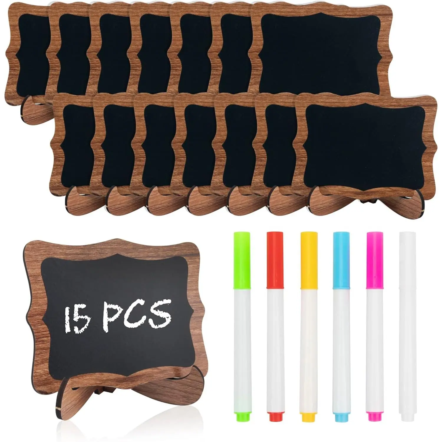 15 count Mini Chalkboard Sign with 6 Color Chalk Markers, 2.9? x 3.9? Wooden Blackboard  Small Chalkboards for , Buffet, Parties, Message Boards, Table Numbers (Wavy Shaped)