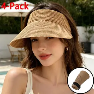4-Pack Fashion Straw Sun Visors for Women Wide Brim Hats Roll-Up Foldable Summer Beach Visor Hat Outdoor Sun Hat Protective Cover summerwins