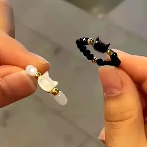 2pcs Black and White Cat Ring Set, Adjustable Elastic, Adjustable Rings, Resin Material, Perfect for Daily Wear, Valentine'S Day Gift, All-Season Accessory, Cat Jewelry, Cute Ring, Gift for Girlfriend