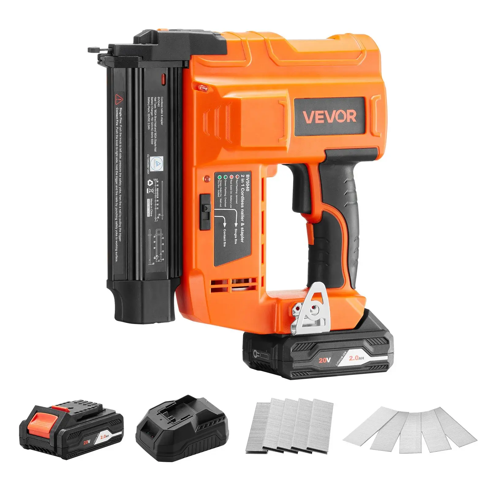 【Summerfinds】VEVOR Portable 2-in-1 Cordless 18 Gauge Brad Nailer & Staple Gun Power Tool, 20V 2.0 Ah Li-ion Batteries, 500 Nails, 500 Staples & Charger for Hardware Trim Install, Home Improvement, Nailgun, Power Tools