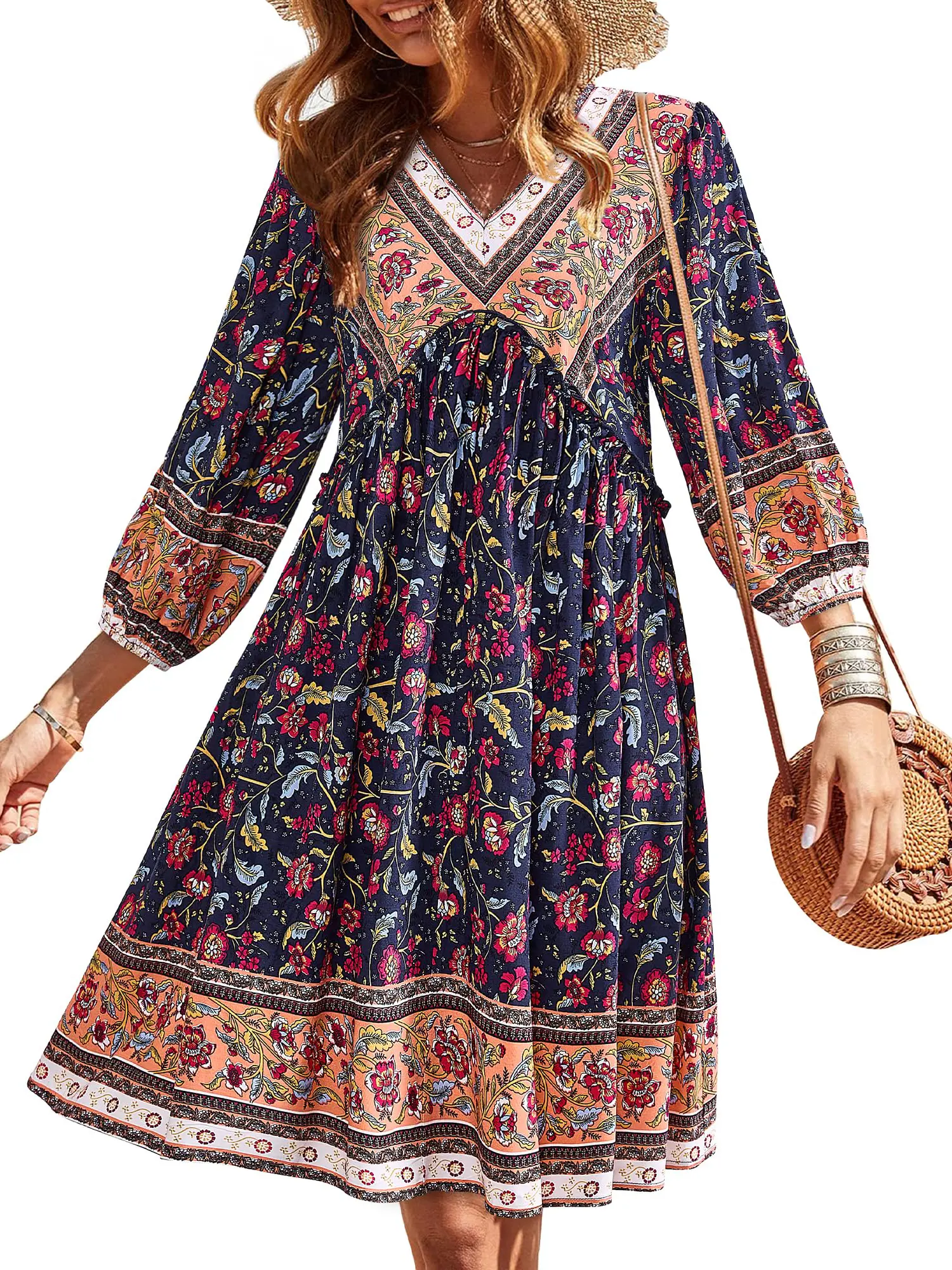 BTFBM Women Casual Spring Summer Dresses V Neck 3/4 Long Sleeve Ruffle Floral Flowy Boho Babydoll Mini Short Beach Dress