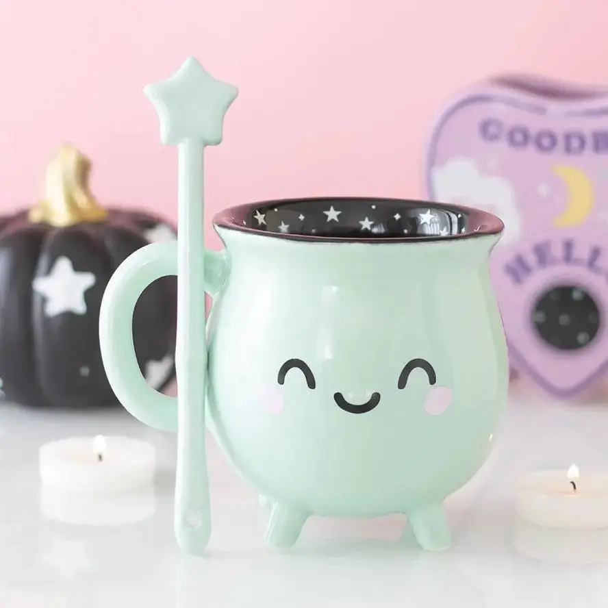 Mint Green Cauldron Mug with Star Wand Stirrer, Kitchen Drinkware for Drink, Tea