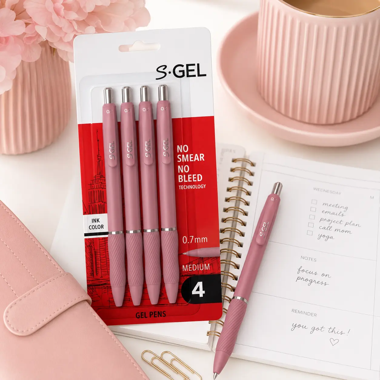 S-Gel Medium Point Pens, Bold Blush Barrels with Black Ink, 4-Pack