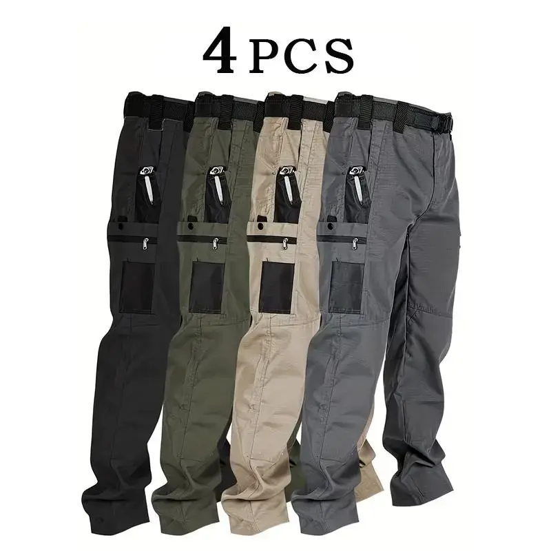 Summerwins Men’s 4-Pack Baggy Tactical Cargo Pants, Mens Clothing, 230 g/m² Durable New Fabric, Plain Full-Length, Multiple Pockets, Zip Closures, Various Colors, Ideal for Spring Summer Wear