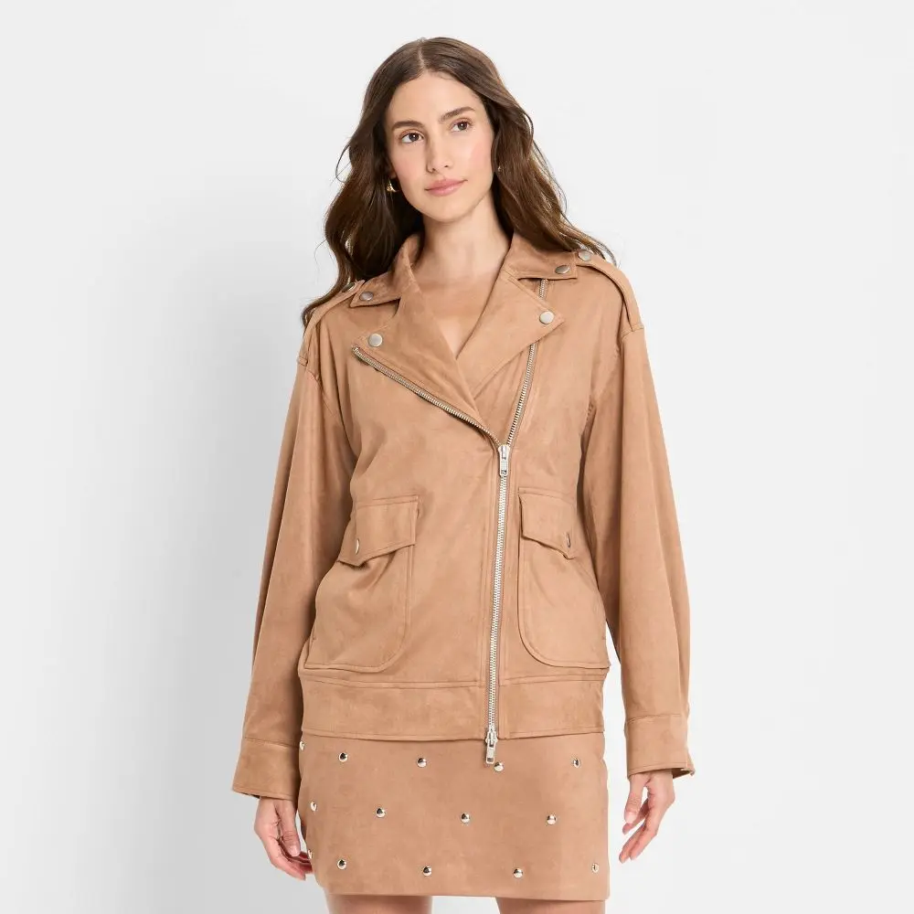 Women's Suede Relaxed Moto Jacket - Future Collective, Long Sleeves Tops, Polyester-Spandex Fabric