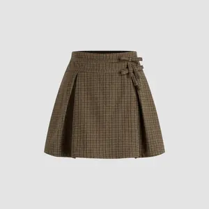 Cider [size 2-10] Jacquard Mid Rise Gingham Bowknot Pleated Mini Skirt