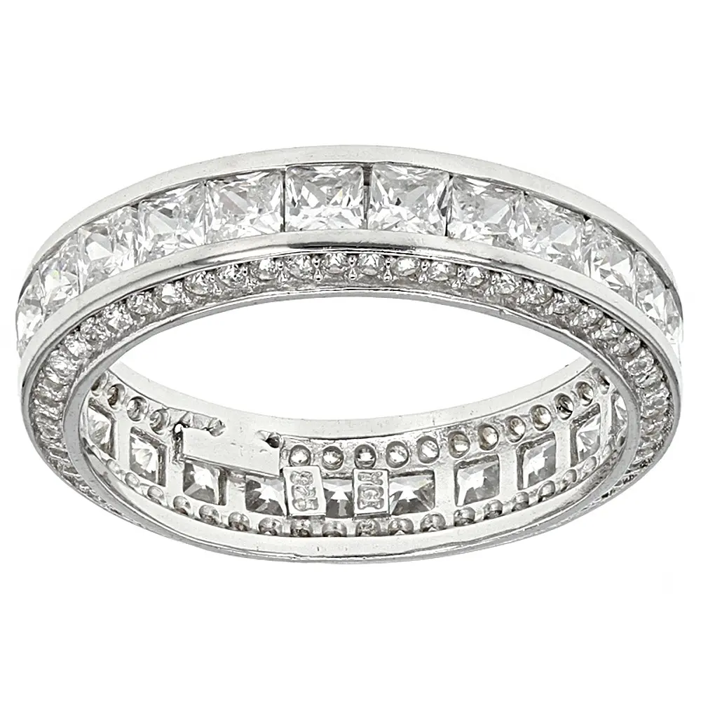 Women's Gemstone Band Ring - 4.00ctw Square & Round Cubic Zirconia, Rhodium-Plated Sterling Silver Diamond Simulant Artificial Gemstone Ring