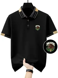 Fashion Casual Men's Mexico National Emblem Printed Short Sleeve Polo Shirt for Daily Commuting and Versatile Wear