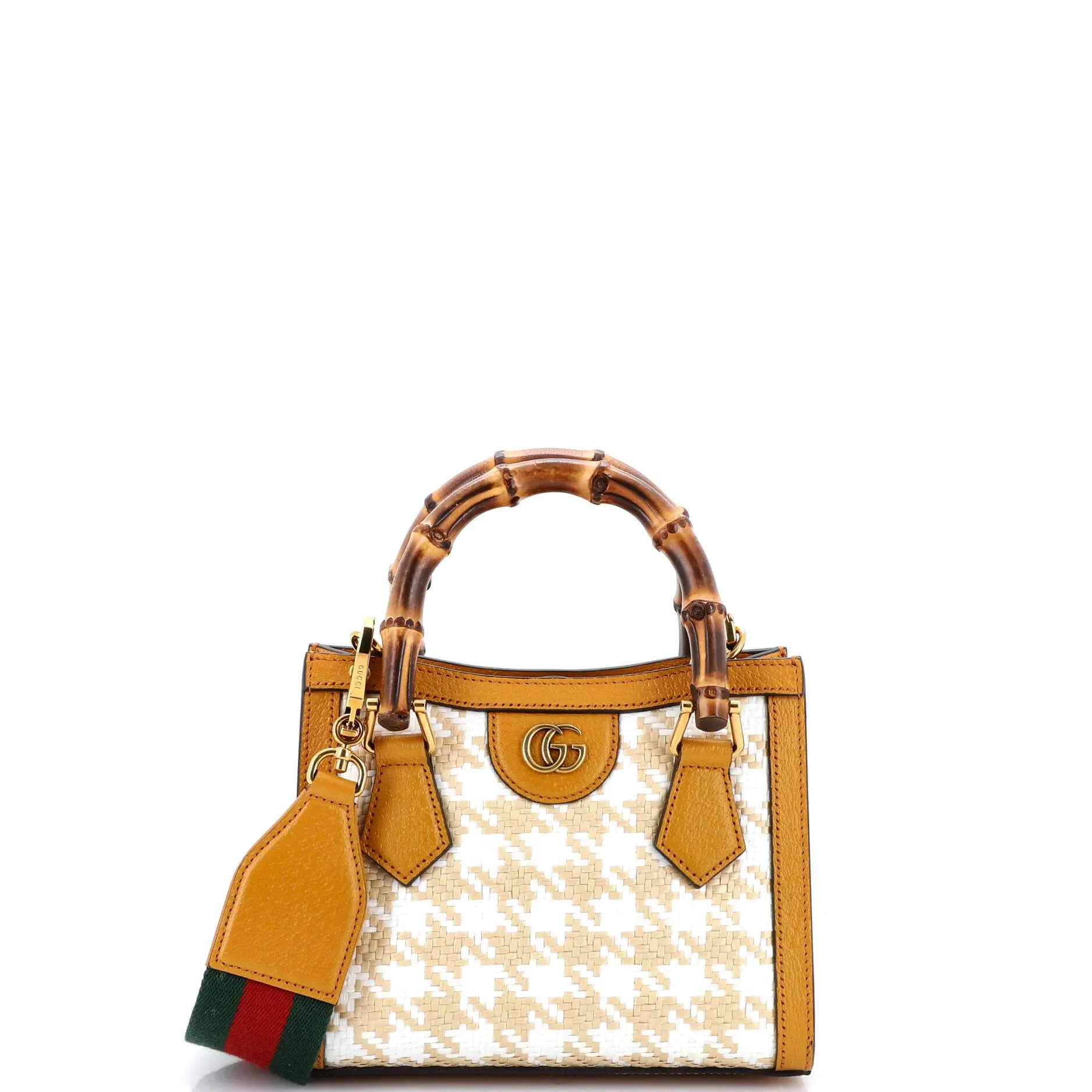Pre-owned GUCCI Bamboo, Leather, Raffia Shoulder Bags Diana NM Bamboo Handle Tote Houndstooth Raffia Mini by Rebag