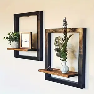 Stylish retro wooden wall shelf set of 2 pieces - black with brown, square display shelves, suitable for photos, candles, flowers, and potted plants - ideal for living room and office decoration