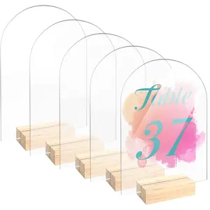5 Pack 5x7 Inch Blank Clear Arch Acrylic Sign with Wooden Stands, Arched Round Top Acrylic Sheet, DIY Acrylic Arch Table Numbers for DIY Name Card Gifts Event Party Sign Decoration