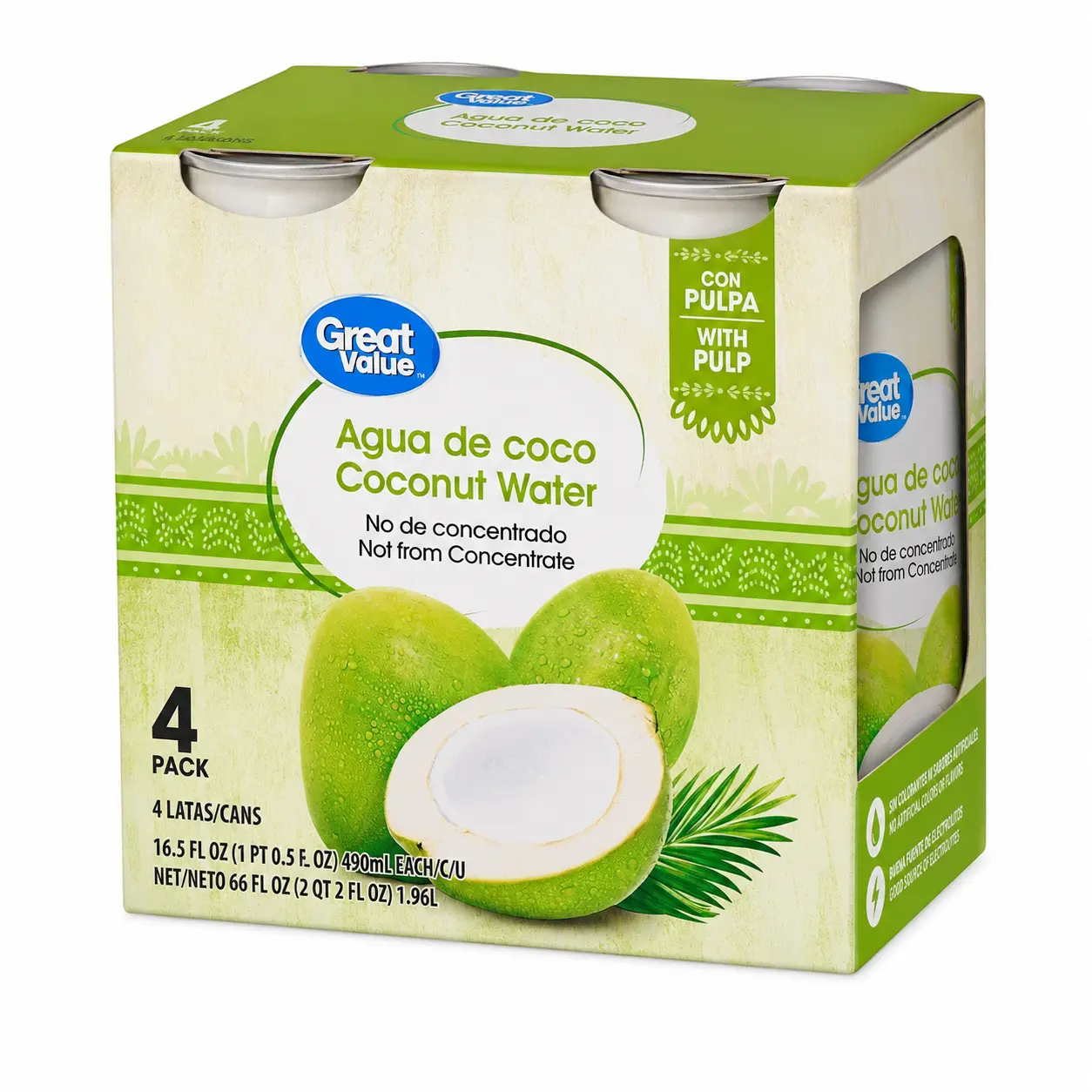 Great Value Canned Coconut Water with Pulp, 16.6 oz Cans (Pack of 4) - Refreshing Tropical Beverage