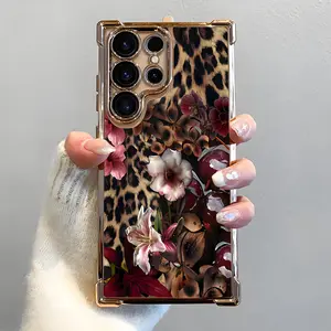 A Leopard Print Cherry Blossom Phone Case, Electroplated Cover with Airbag Shockproof Slim Soft TPU Cover for Samsung S26 S25 S24 S23 S22 Ultra S25Edge S24FE Plus S25+
