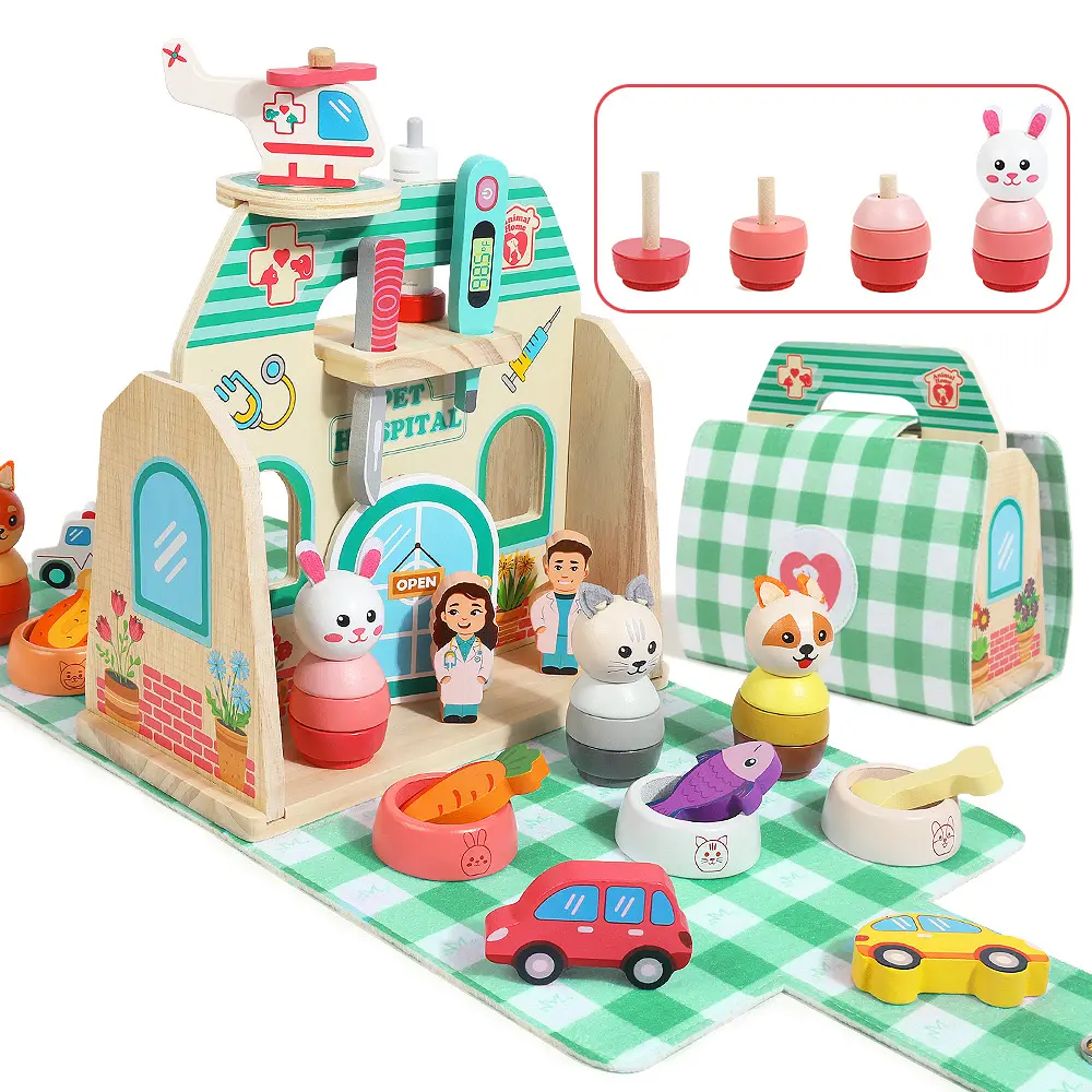 Edutree Wooden Unisex Pet Hospital Playset with Food Bowls, Doctor & Animal Care Learning Toy for Children Development, Fine Motor Skills & Creativity Builder, Birthday/Holiday Gift, Holidays, Birthdays