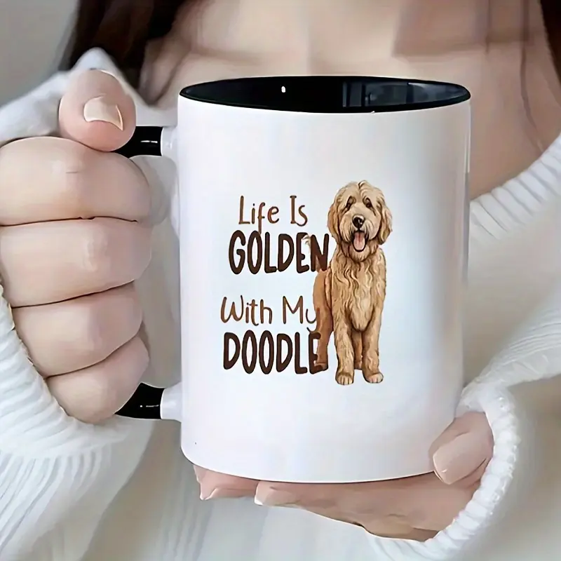 11oz Ceramic Coffee Cup - Life Is Golden With My Doodle Goldendoodle Design, White & Black Accents, Dishwasher & Microwave Washable Drinkware, Perfect Gift for Goldendoodle Owners