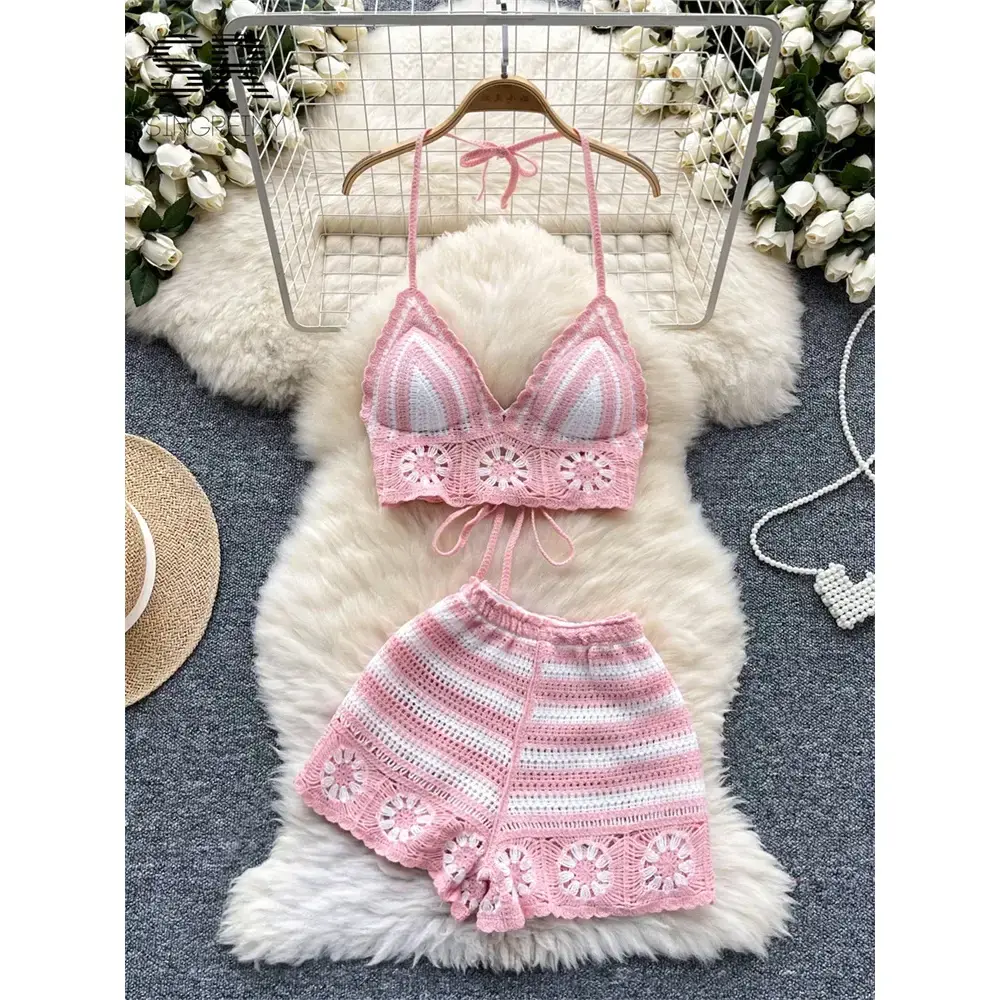 Women's 2-Piece Bohemian Hook Flower Crochet Knit Set - Comfortable Soft Touch Sleeveless Open Stitch Adjustable Halter Tie-Back Top & Elastic Shorts, Breathable Lightweight Polyester Custom Fabric, Hand Wash Flat Dry, Beach Vacation Co-ord
