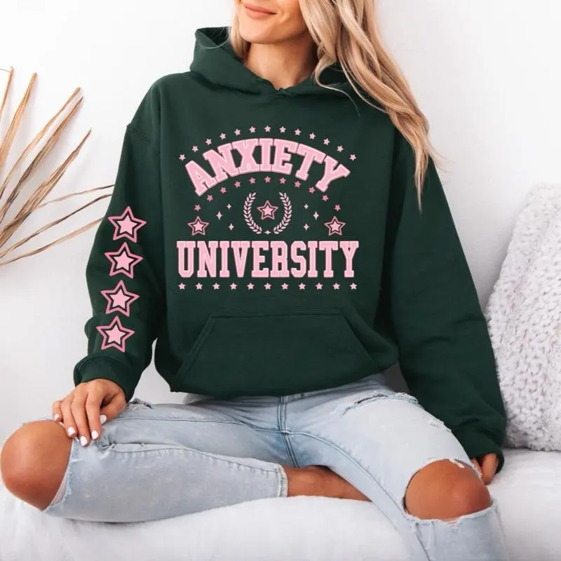 Anxiety University Gildan hooded Sweatshirt with Sleeve design hoodie unisex sizing womenswear comfortable soft Casual Pullover Tops Fabric Pocket Mint Green Green Spandex Cotton Fit