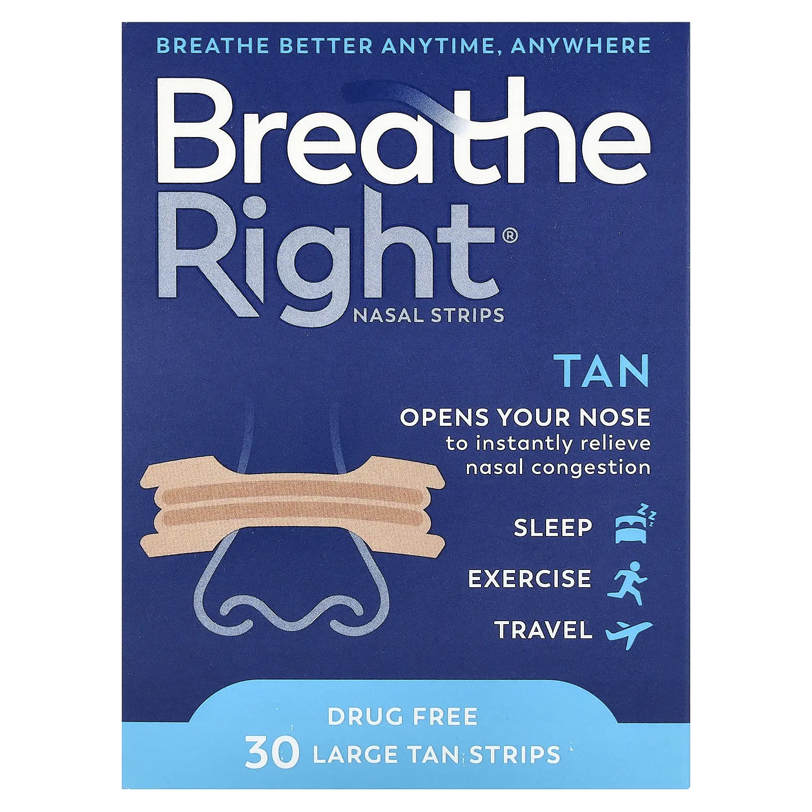 Breathe Right Nasal Strips, Large, Tan, 30 Strips | HSA/FSA Eligible
