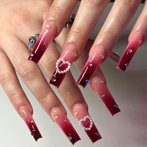 Nail Red Heart Long Length Square Fake Nails with Heart Design 24 PCS for Girls