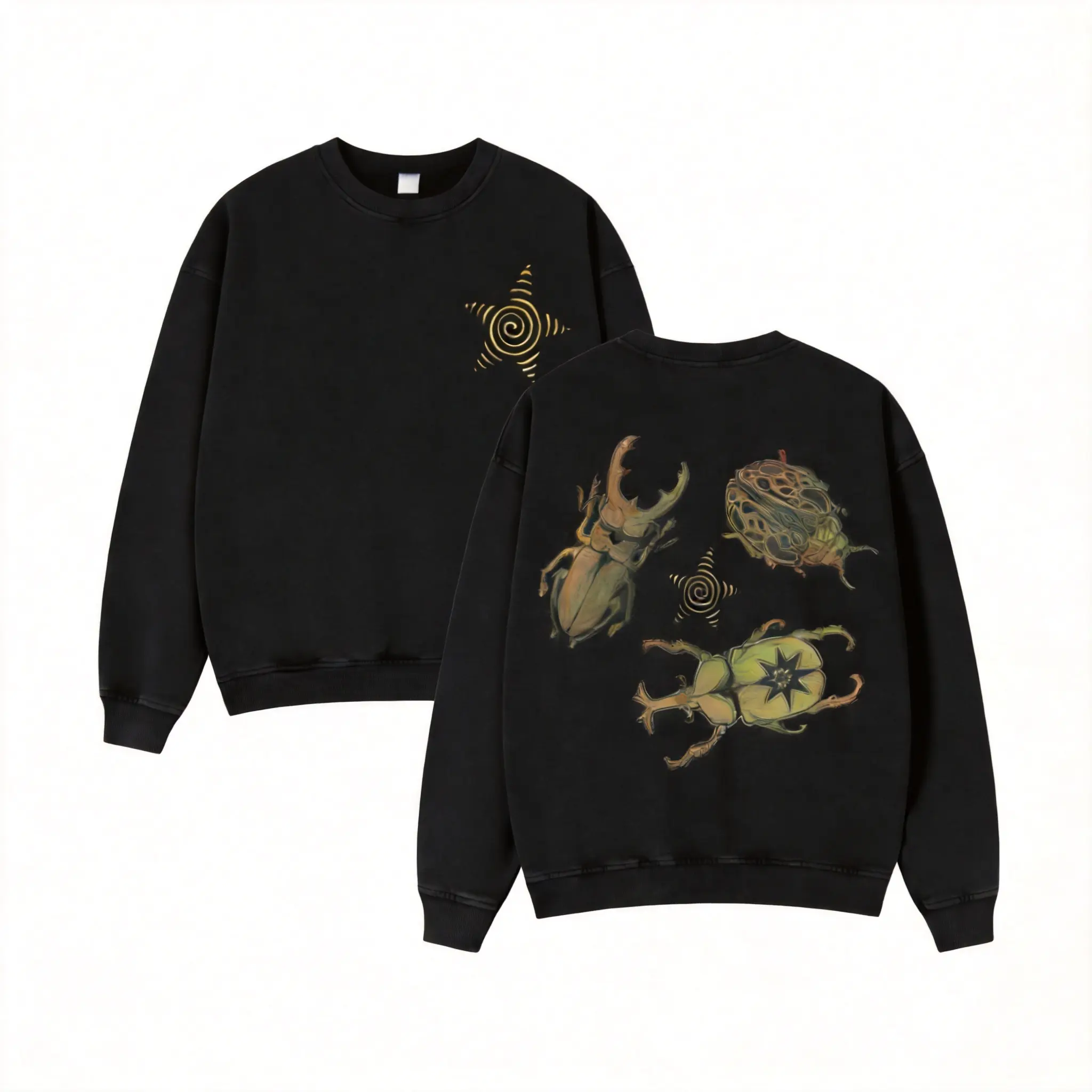 Double Sided Beetle Insect Graphic Crewneck Sweatshirt Mystic Spiral Star Pattern Vintage Nature Bug Art Streetwear Casual Pullover For Daily Outfit