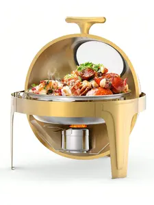 Gaomon Gold Round 6.3qt Commercial-Grade Stainless Steel Chafing Dish Set - Roll-Top Lid with Glass Window, T-Handle Grip, Buffet Warmer for Weddings, Catering | Pans, Casserole Dish